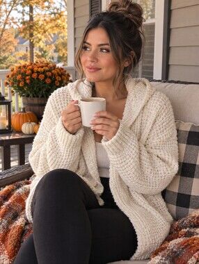 Cream Hooded Open-Front Knit Cardigan With Pockets